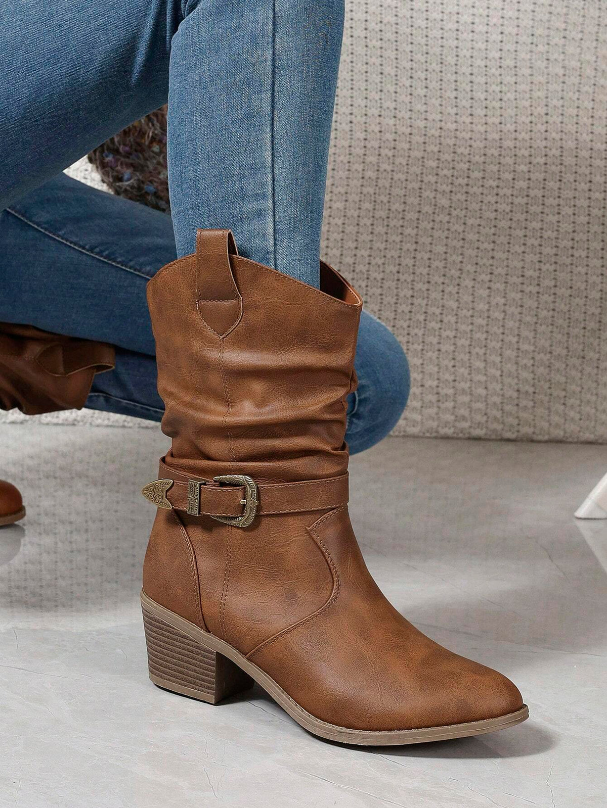 Buckle Decor Mid Calf Casual Riding Boots