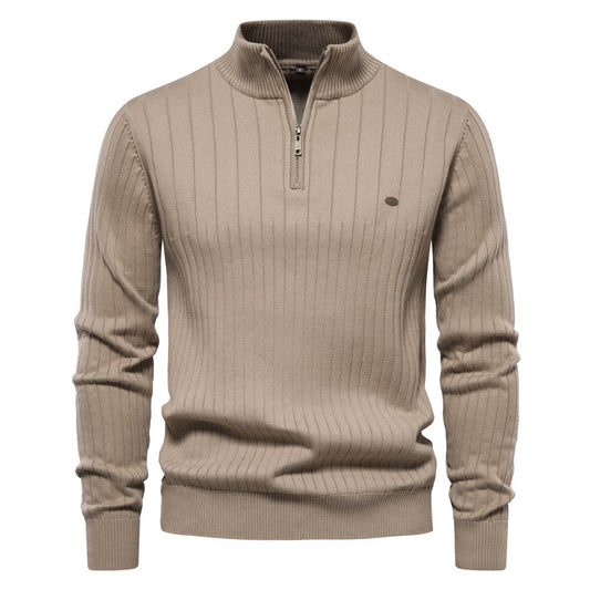 Herren Lässiger Baumwoll-Pullover mit halbem Reißverschluss und Stehkragen