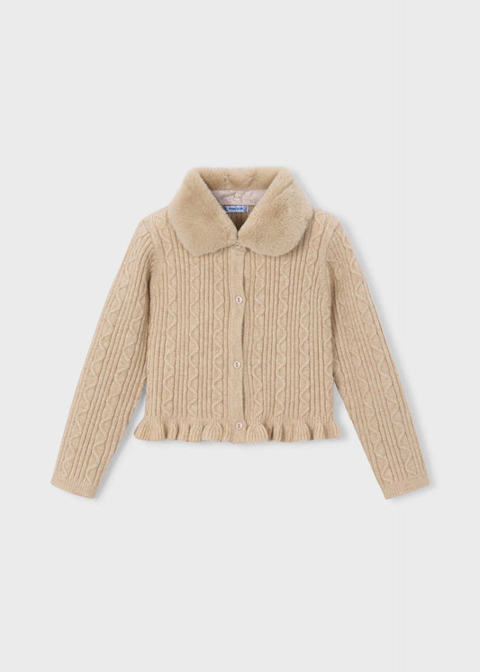 Girls' knitted cardigan with fur collar