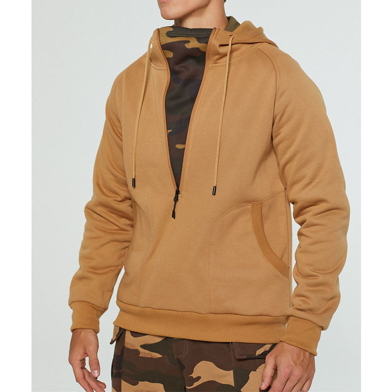Herren Trendiger Pullover mit gebürstetem V-Reißverschluss, Camouflage-Patchwork und Kapuze