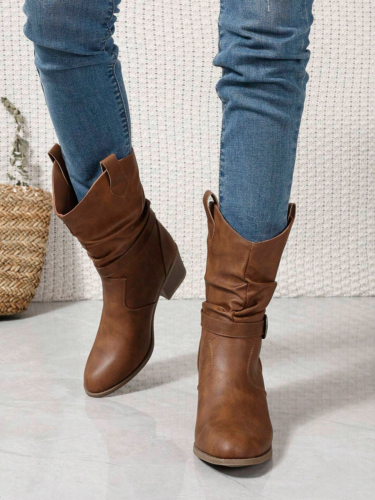 Buckle Decor Mid Calf Casual Riding Boots