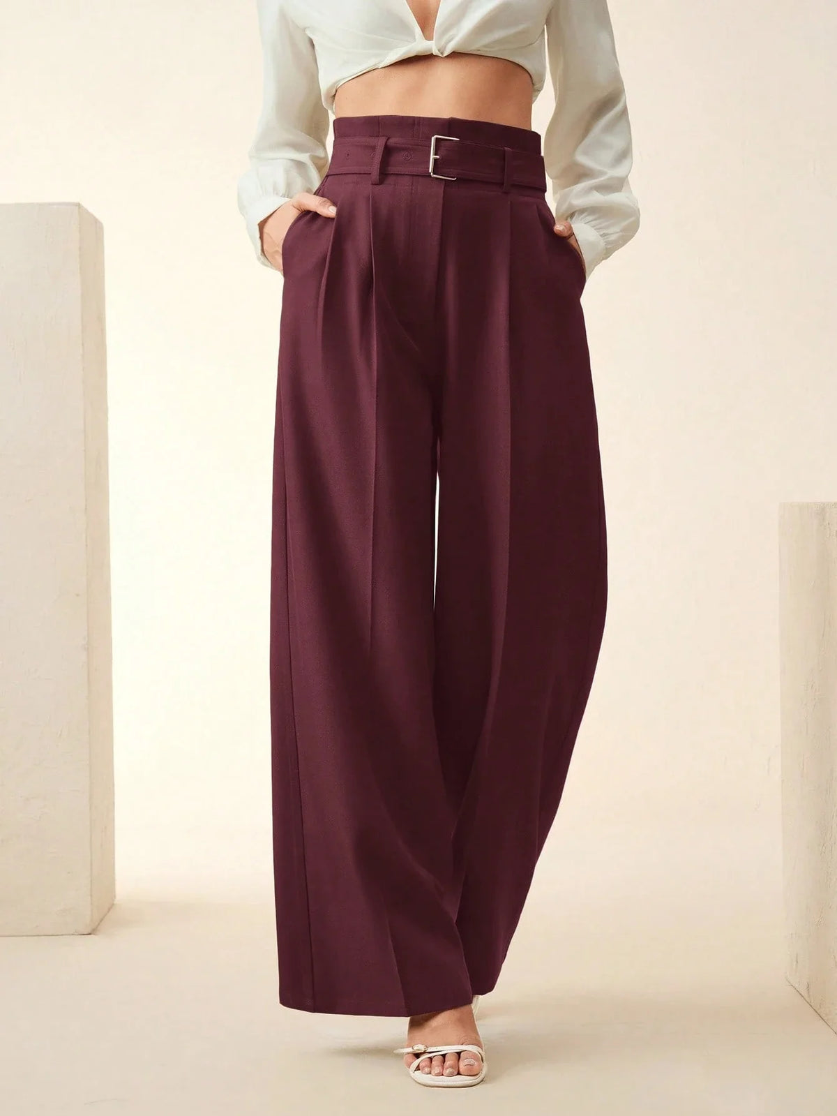 Women's Solid Color Pleated Wide Leg Pants