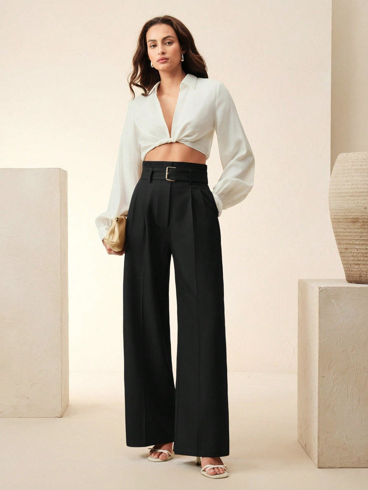 Women's Solid Color Pleated Wide Leg Pants