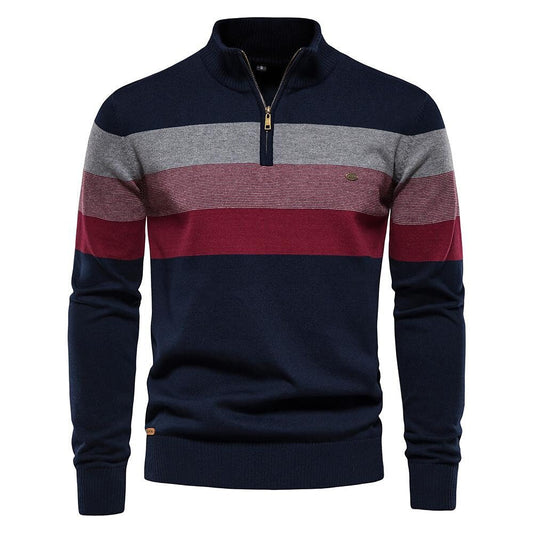 Herren-Pullover mit halbem Reißverschluss, Stehkragen und Kontraststreifen