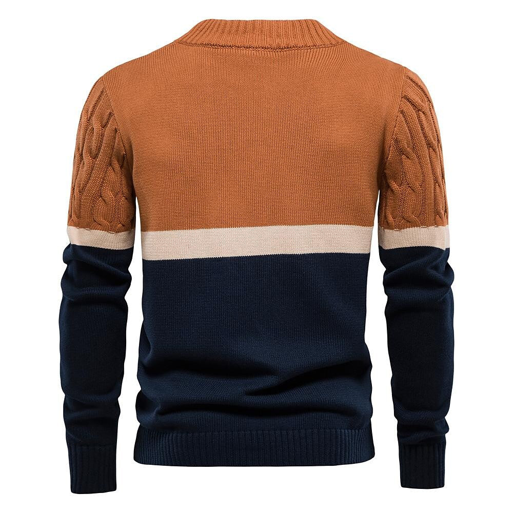 Men's Stand Collar Cotton Contrast Striped Cable Cardigan