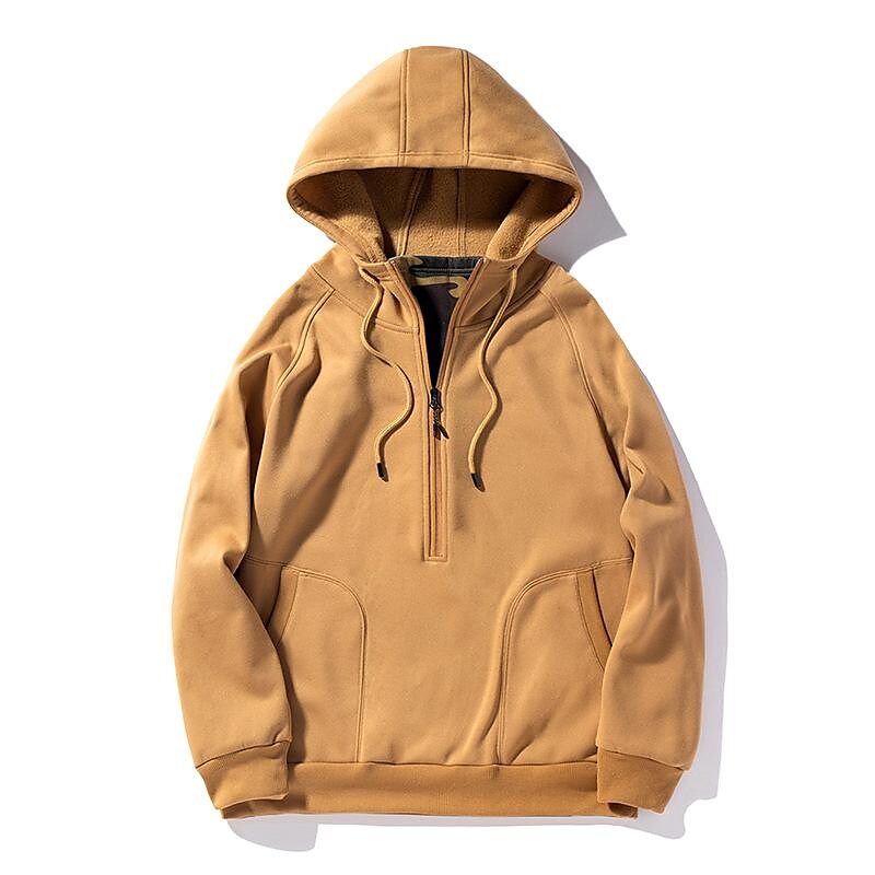 Herren Trendiger Pullover mit gebürstetem V-Reißverschluss, Camouflage-Patchwork und Kapuze