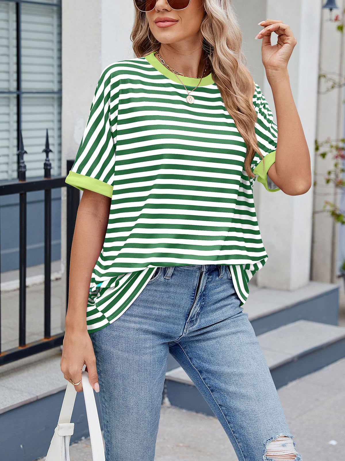 💖Damen Oversized Sommer-Oberteile Gestreiftes Freizeit-T-Shirt