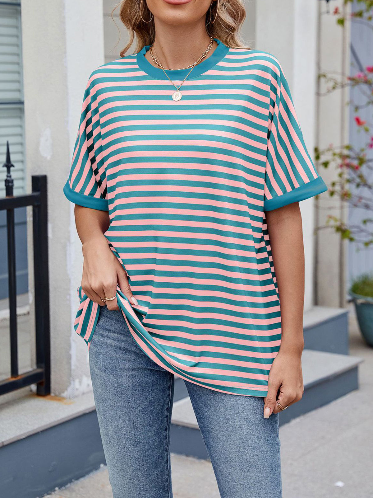 💖Damen Oversized Sommer-Oberteile Gestreiftes Freizeit-T-Shirt