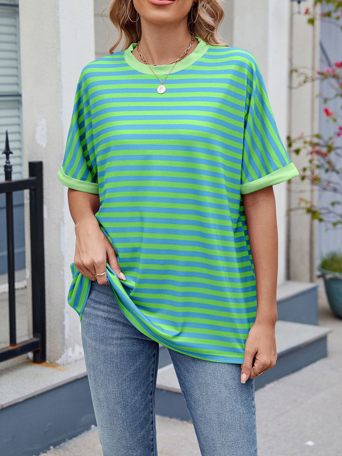 💖Damen Oversized Sommer-Oberteile Gestreiftes Freizeit-T-Shirt