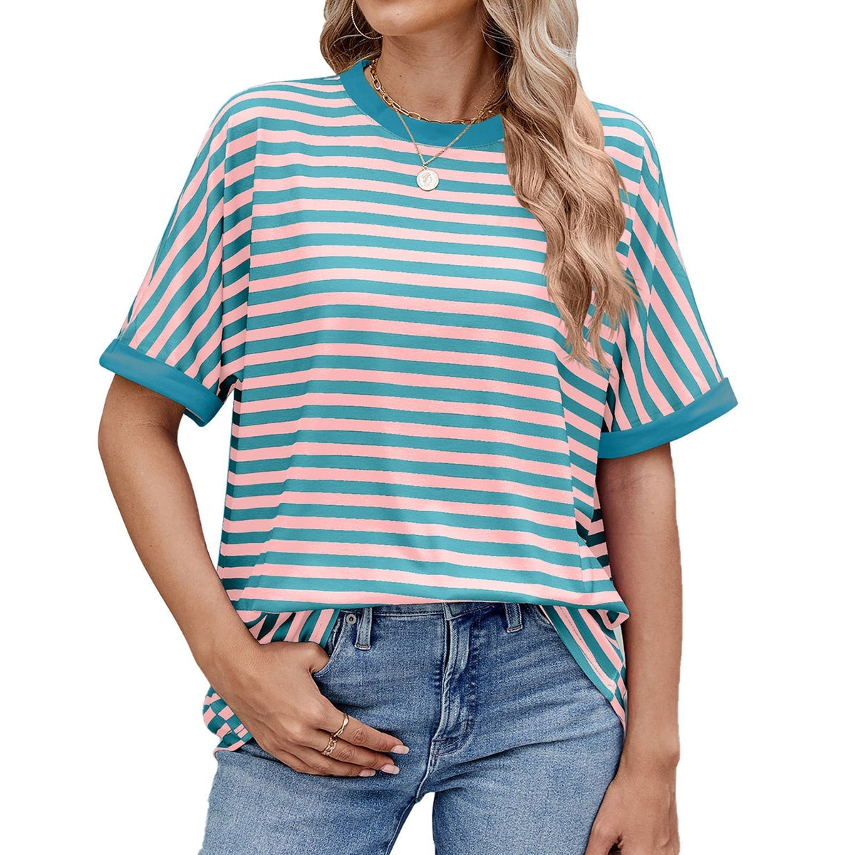 💖Damen Oversized Sommer-Oberteile Gestreiftes Freizeit-T-Shirt