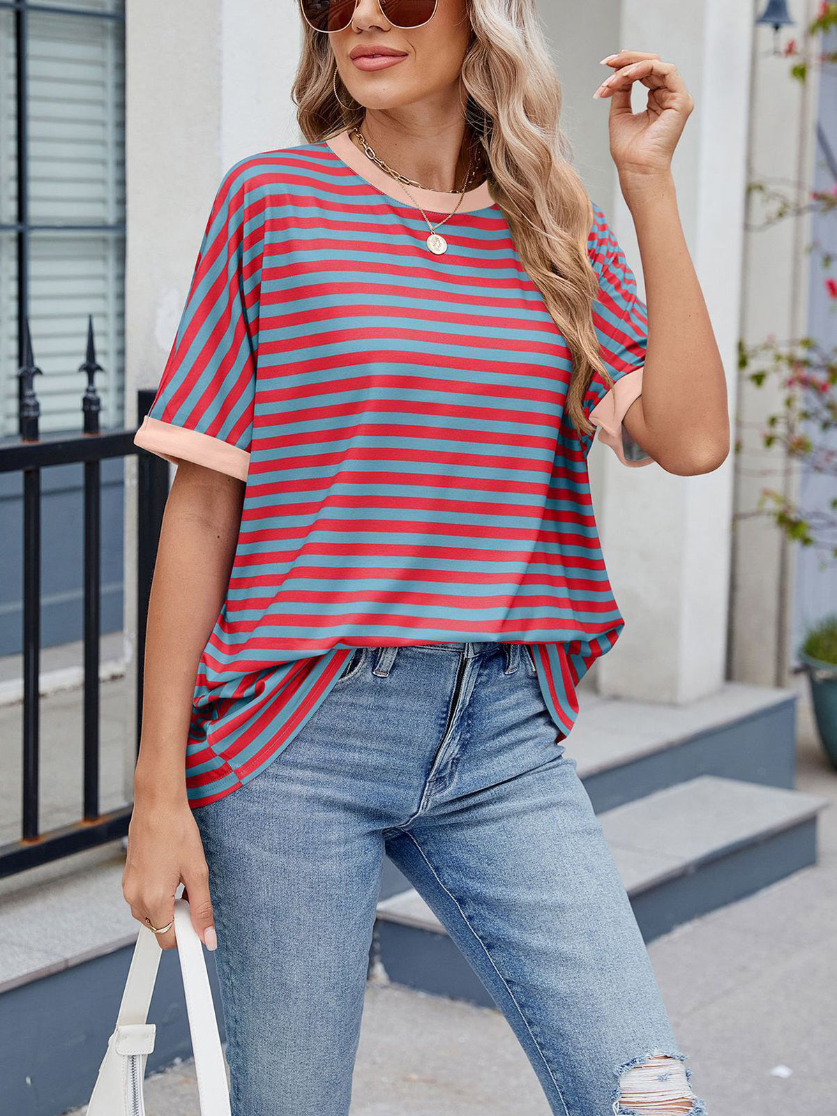 💖Damen Oversized Sommer-Oberteile Gestreiftes Freizeit-T-Shirt