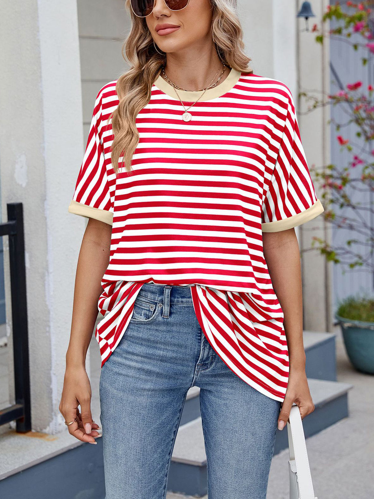 💖Damen Oversized Sommer-Oberteile Gestreiftes Freizeit-T-Shirt