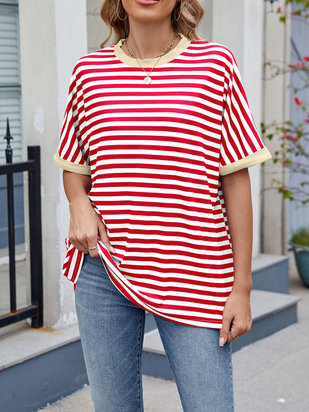 💖Damen Oversized Sommer-Oberteile Gestreiftes Freizeit-T-Shirt