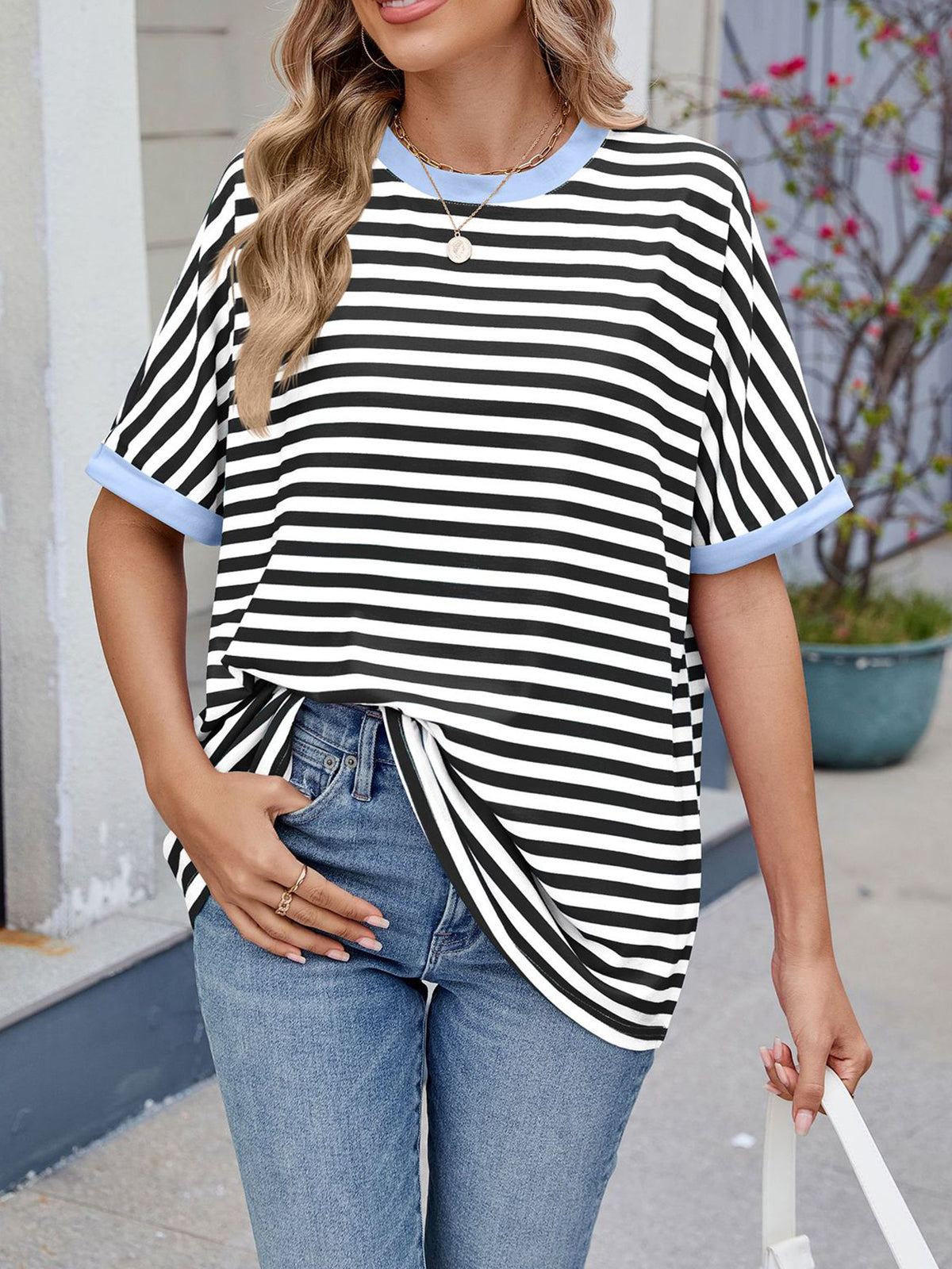 💖Damen Oversized Sommer-Oberteile Gestreiftes Freizeit-T-Shirt
