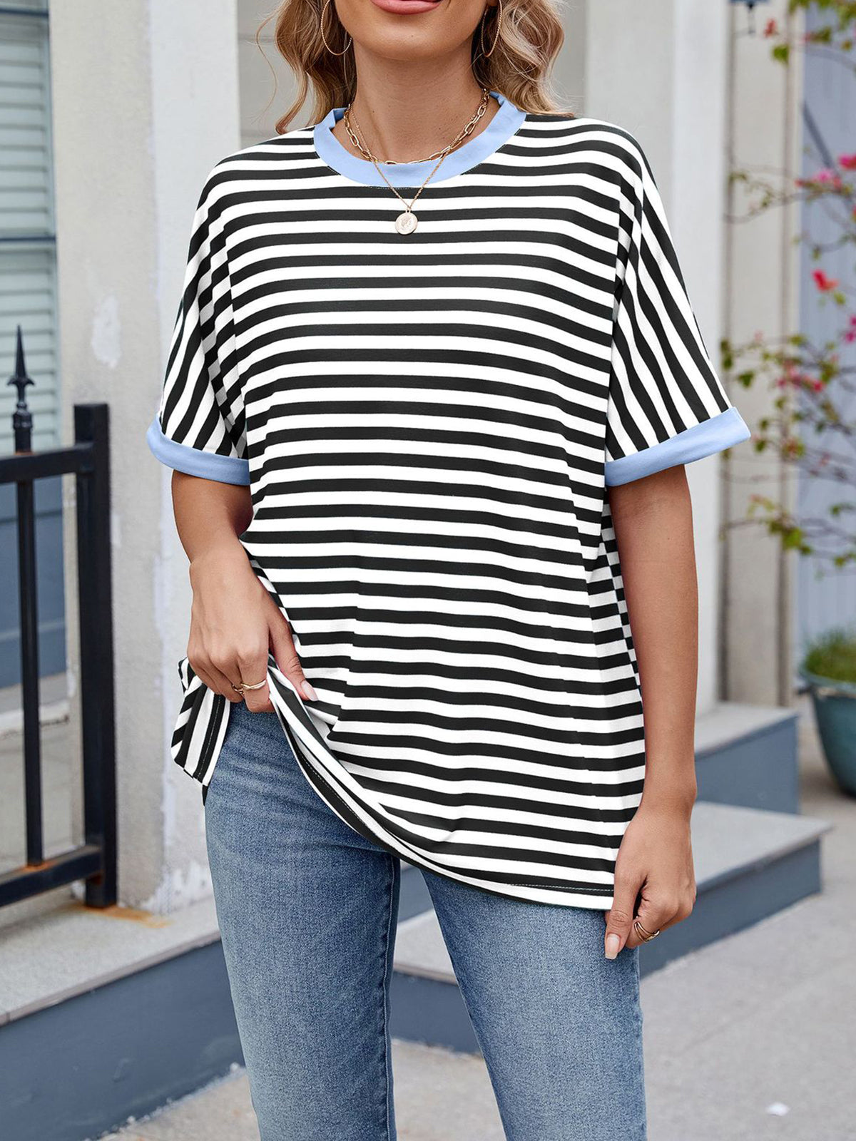 💖Damen Oversized Sommer-Oberteile Gestreiftes Freizeit-T-Shirt