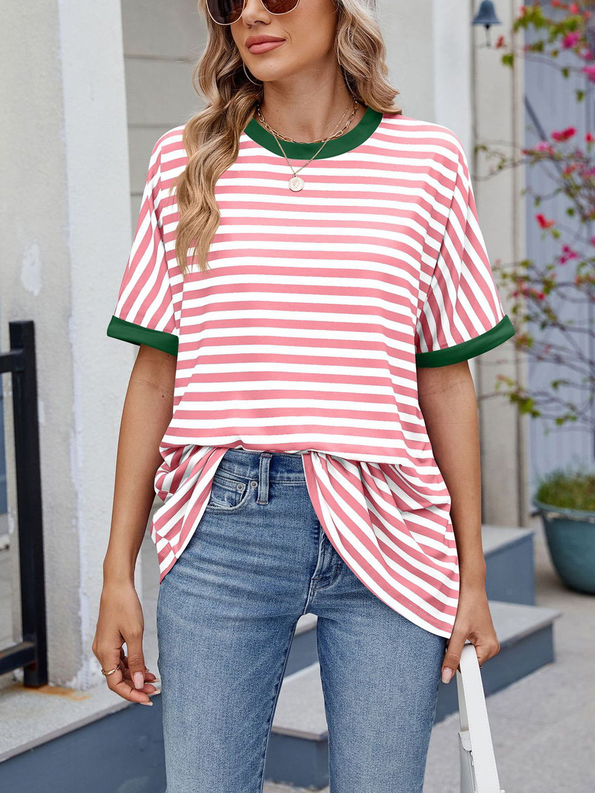 💖Damen Oversized Sommer-Oberteile Gestreiftes Freizeit-T-Shirt