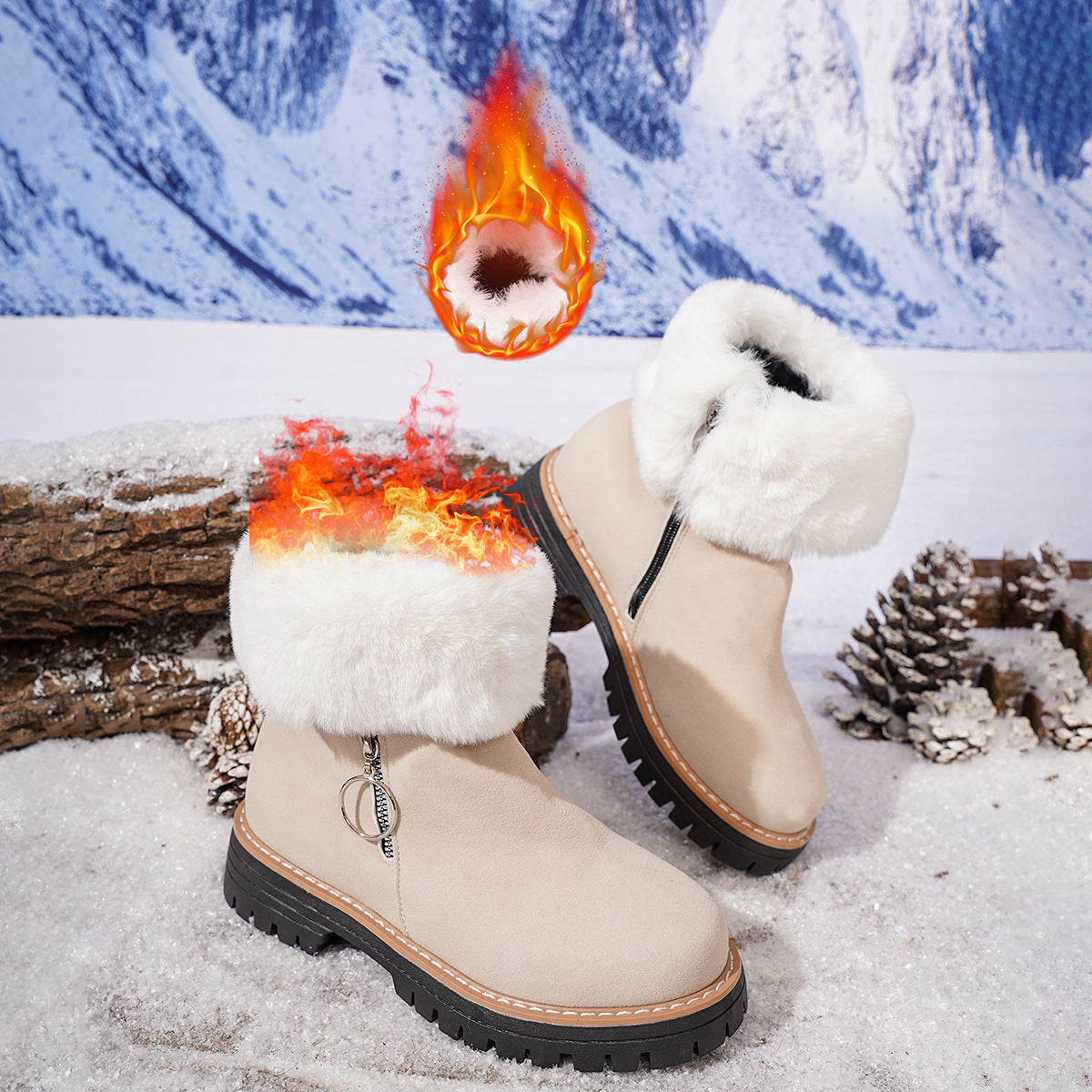 Women's winter side-zipper fleece-lined warm snow boots