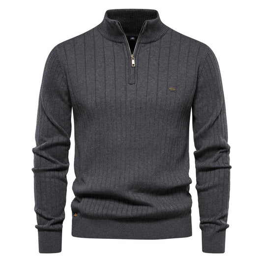 Herren Lässiger Baumwoll-Pullover mit halbem Reißverschluss und Stehkragen