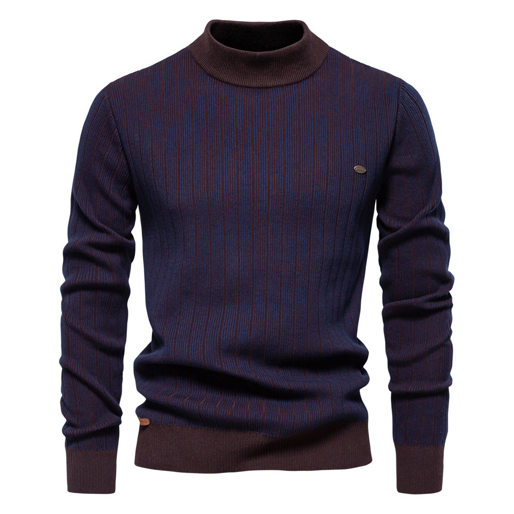 Men's Mock Turtleneck Striped Knit Pullover Sweater