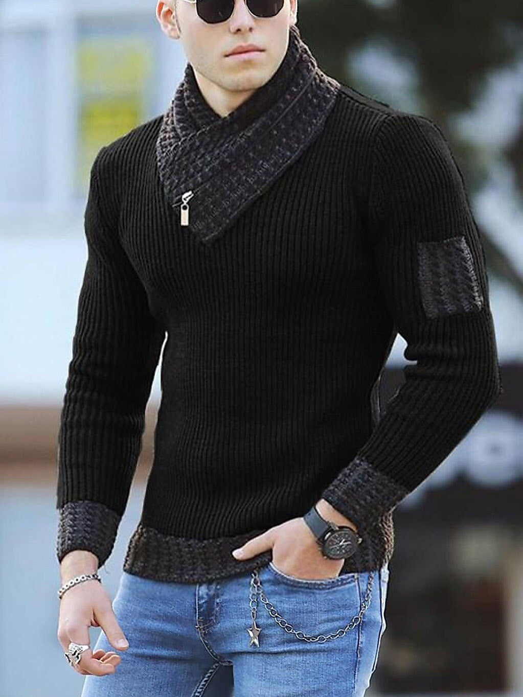 Herren Rollkragenpullover Color Block im Ethno-Stil
