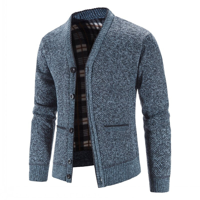 Herren gestrickter V-Ausschnitt Cardigan mit Knöpfen, Flanellfutter und Taschen