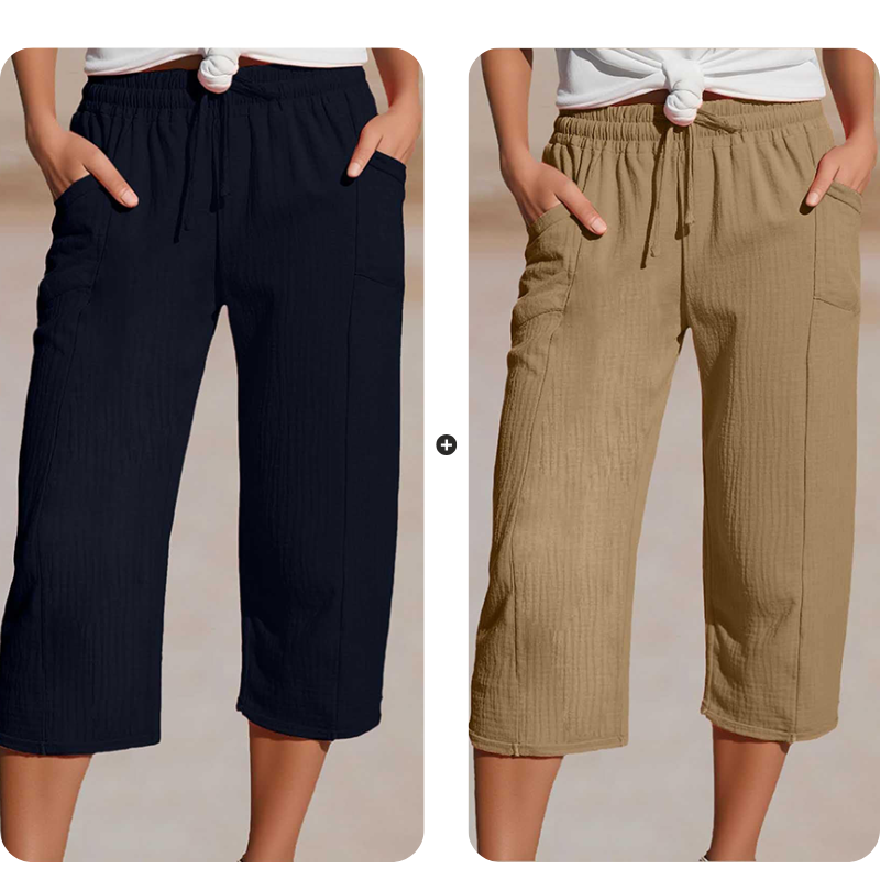 Einfarbige Shorts aus Baumwoll-Leinen-Mix mit Falten für Damen