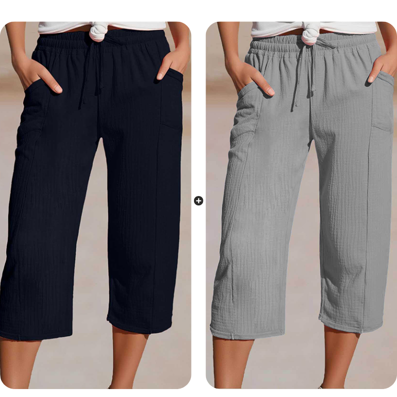 Einfarbige Shorts aus Baumwoll-Leinen-Mix mit Falten für Damen