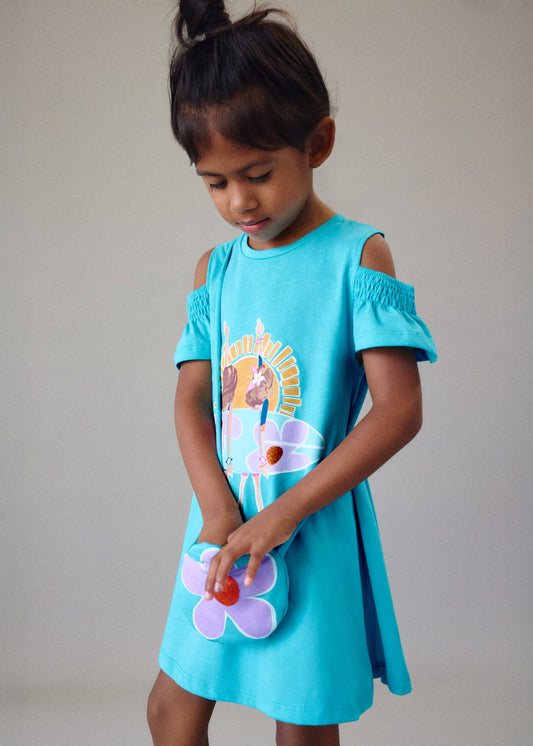 Dress with slits and handbag for girls