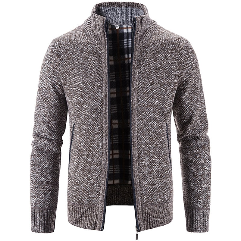 Herren Stehkragen-Strickjacke mit Reißverschluss, einfarbig