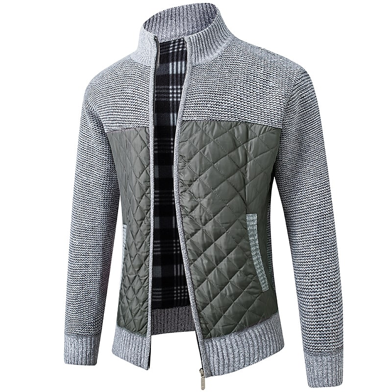 Herren Color Block Strickjacke mit Stehkragen und durchgehendem Reißverschluss