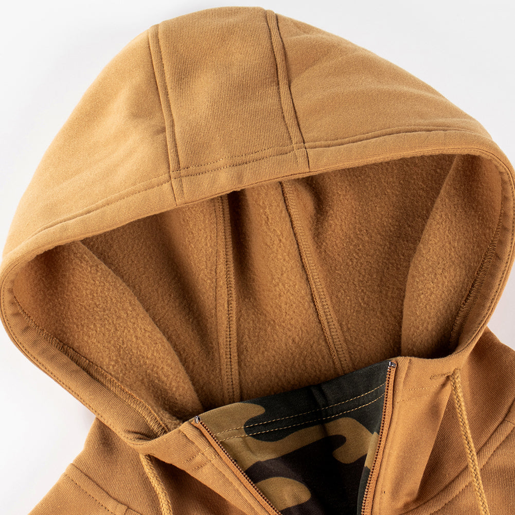 Herren Trendiger Pullover mit gebürstetem V-Reißverschluss, Camouflage-Patchwork und Kapuze