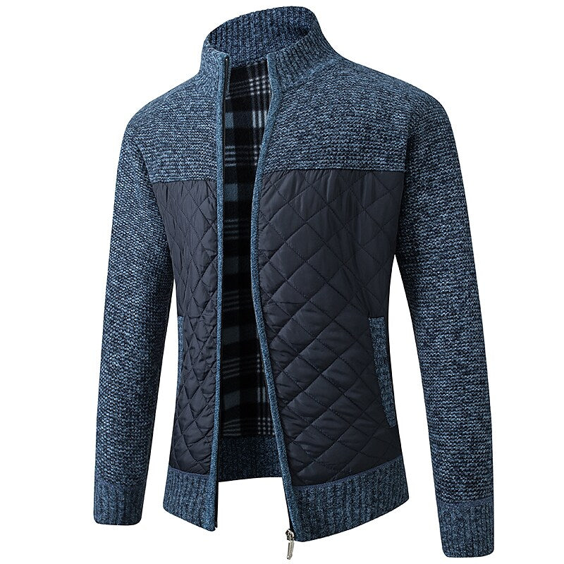 Herren Color Block Strickjacke mit Stehkragen und durchgehendem Reißverschluss