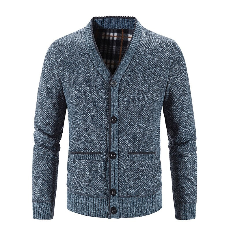 Herren gestrickter V-Ausschnitt Cardigan mit Knöpfen, Flanellfutter und Taschen