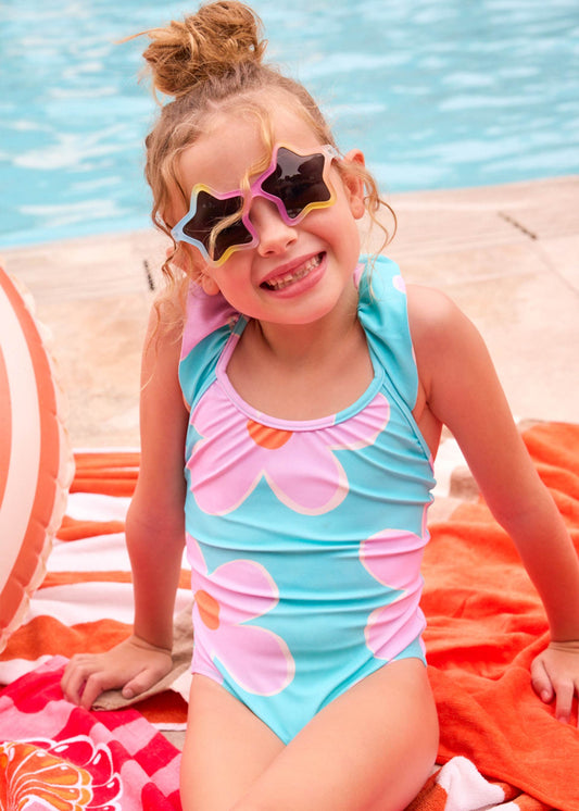 Girls' printed ruffle swimsuit