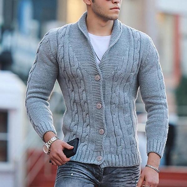 Herren Cardigan mit Schalkragen, Knöpfen und Zopfmuster in Uni-Farben