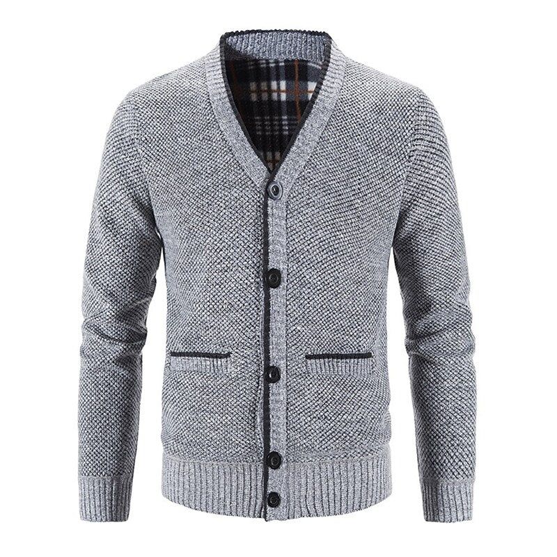 Herren gestrickter V-Ausschnitt Cardigan mit Knöpfen, Flanellfutter und Taschen