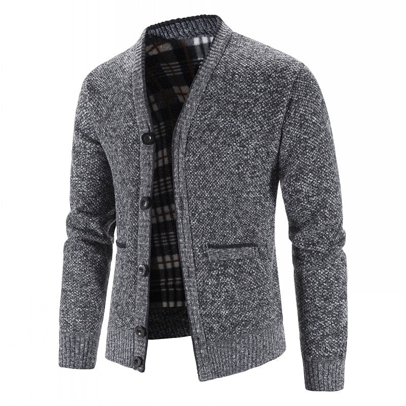 Herren gestrickter V-Ausschnitt Cardigan mit Knöpfen, Flanellfutter und Taschen