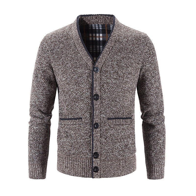 Herren gestrickter V-Ausschnitt Cardigan mit Knöpfen, Flanellfutter und Taschen