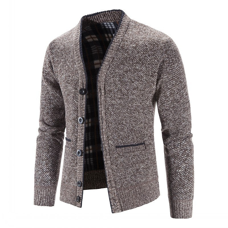 Herren gestrickter V-Ausschnitt Cardigan mit Knöpfen, Flanellfutter und Taschen
