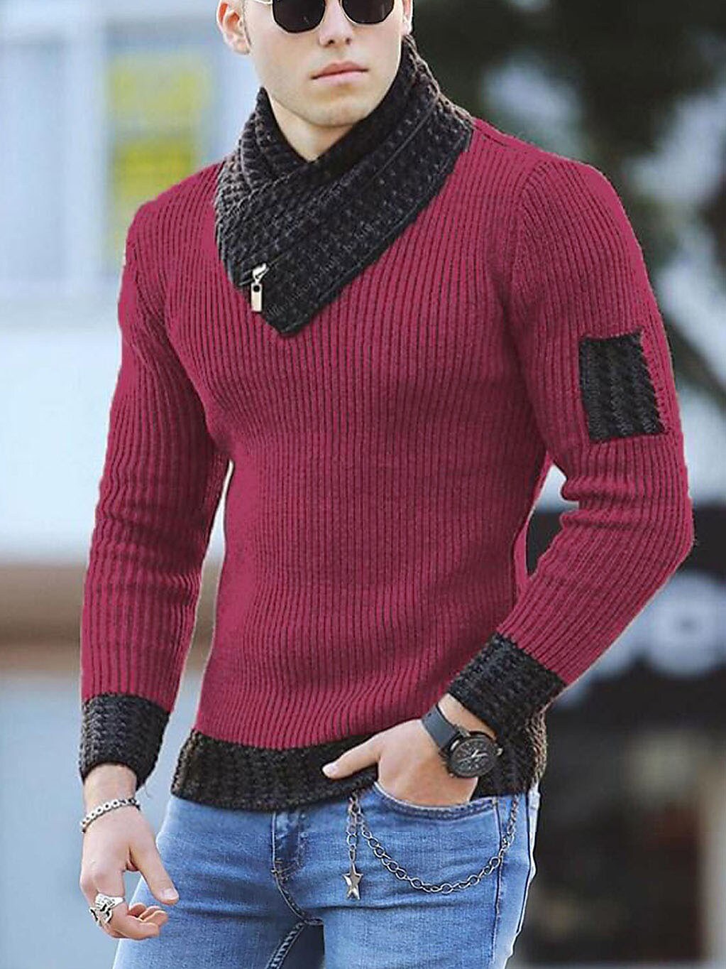 Herren Rollkragenpullover Color Block im Ethno-Stil