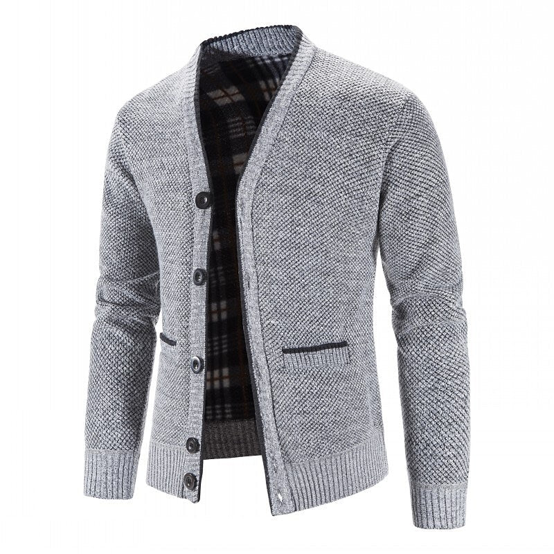 Herren gestrickter V-Ausschnitt Cardigan mit Knöpfen, Flanellfutter und Taschen