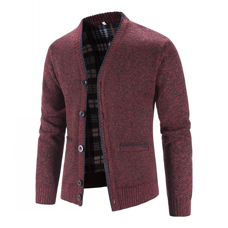 Herren gestrickter V-Ausschnitt Cardigan mit Knöpfen, Flanellfutter und Taschen