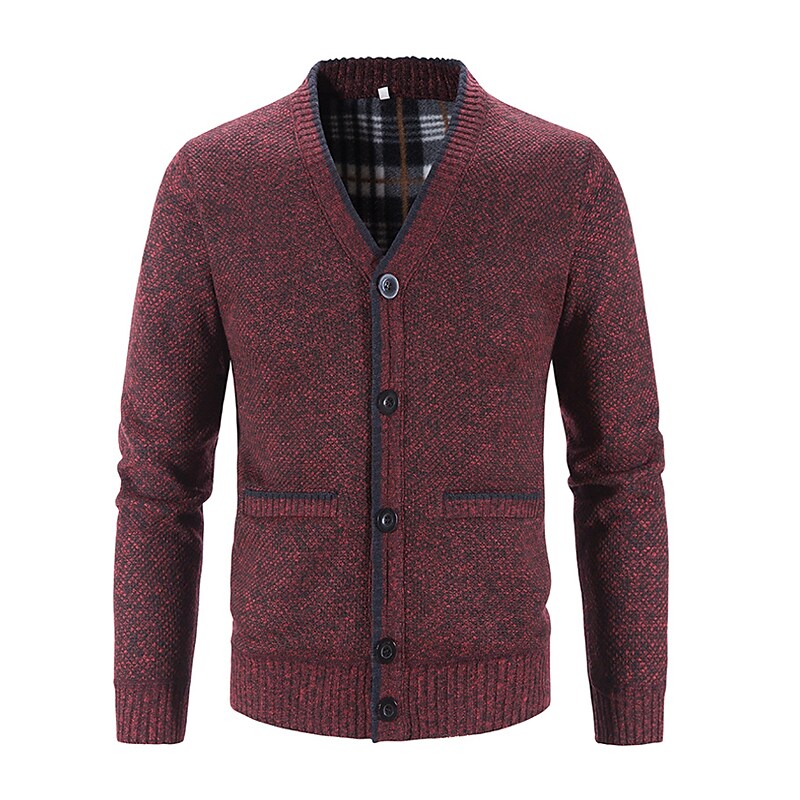 Herren gestrickter V-Ausschnitt Cardigan mit Knöpfen, Flanellfutter und Taschen