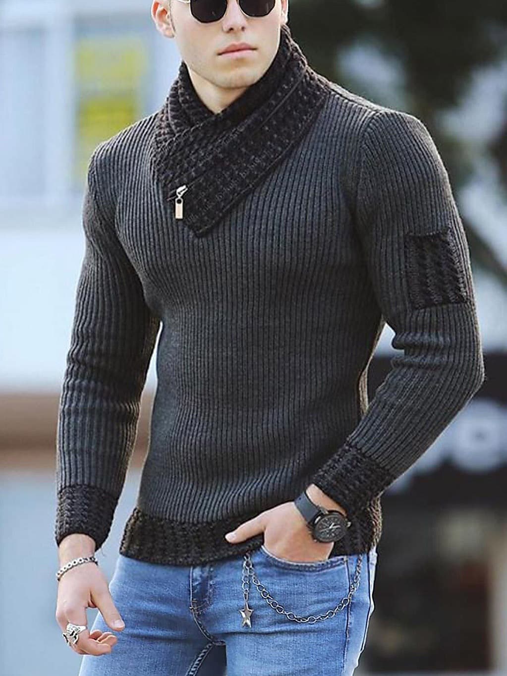Herren Rollkragenpullover Color Block im Ethno-Stil