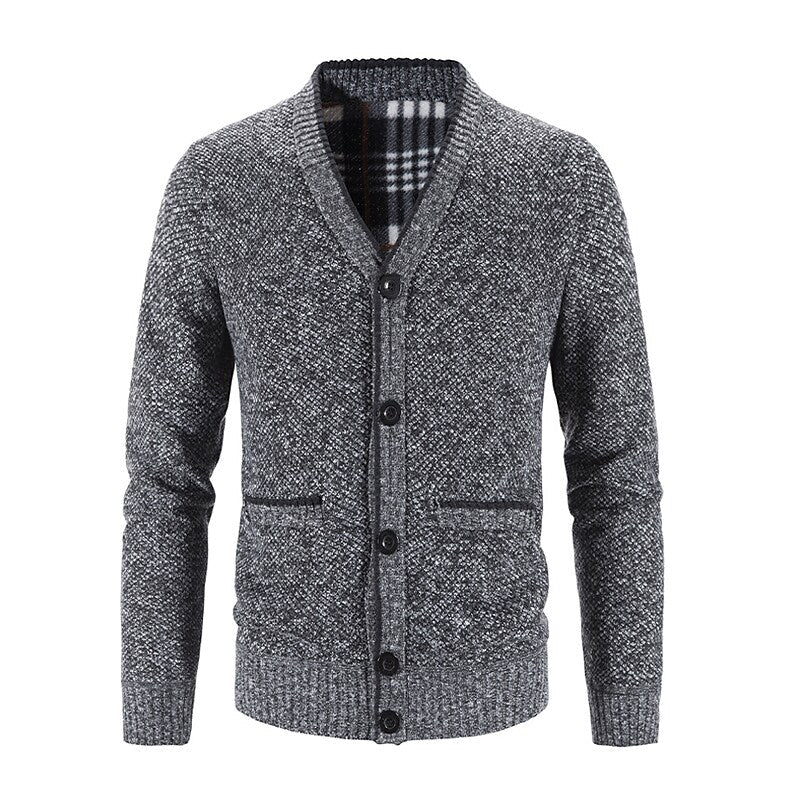Herren gestrickter V-Ausschnitt Cardigan mit Knöpfen, Flanellfutter und Taschen