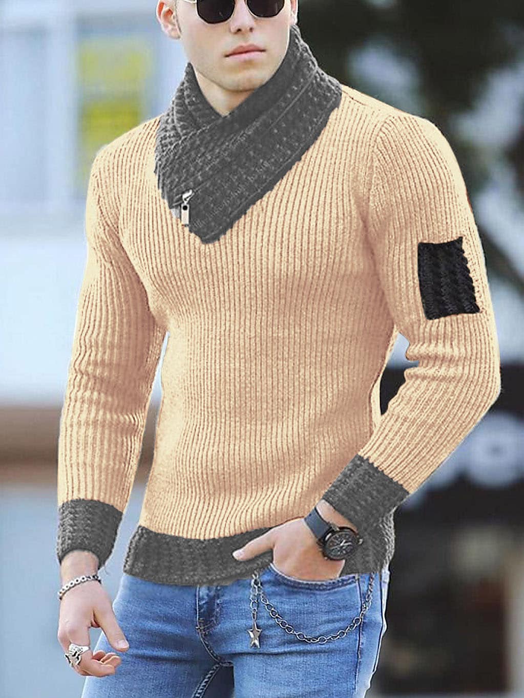 Herren Rollkragenpullover Color Block im Ethno-Stil